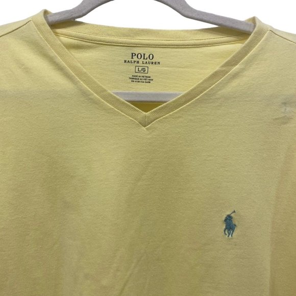 POLO RALPH LAUREN Men's Short Sleeve Solid YELLOW V-Neck T-Shirt Blue Logo LARGE - Picture 2 of 5